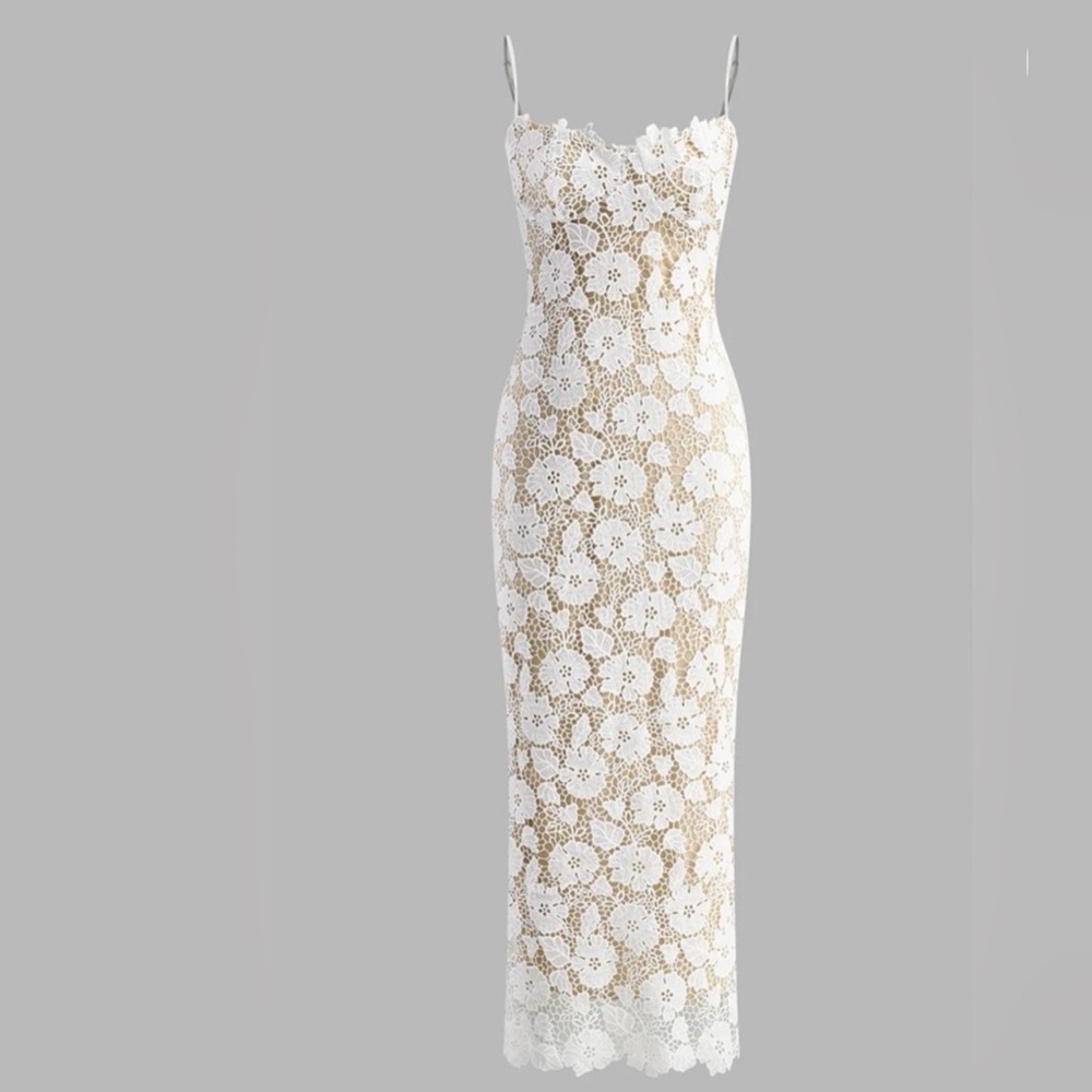 Commense White Floral Lace Maxi Slip Dress with Nude Underlay